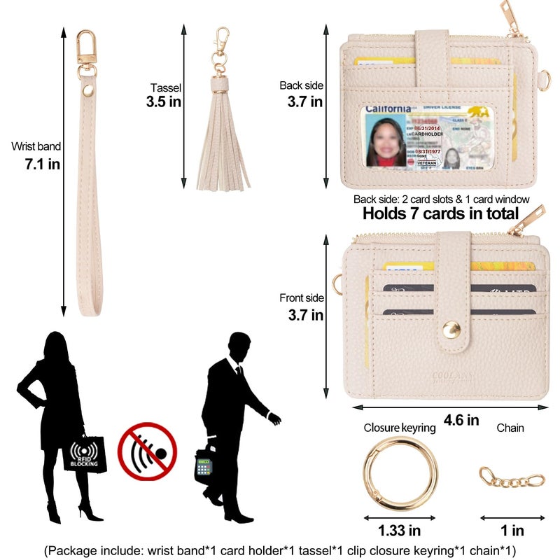 COOLANS Wristlet Bracelet Keychain Card Holder Card Pocket PU Leather Purse Tassel Keychain Bangle Key Ring for Women Girls (Card & Id Holder Purse 08 Litchi Pattern Creamy Grey) - Image 2
